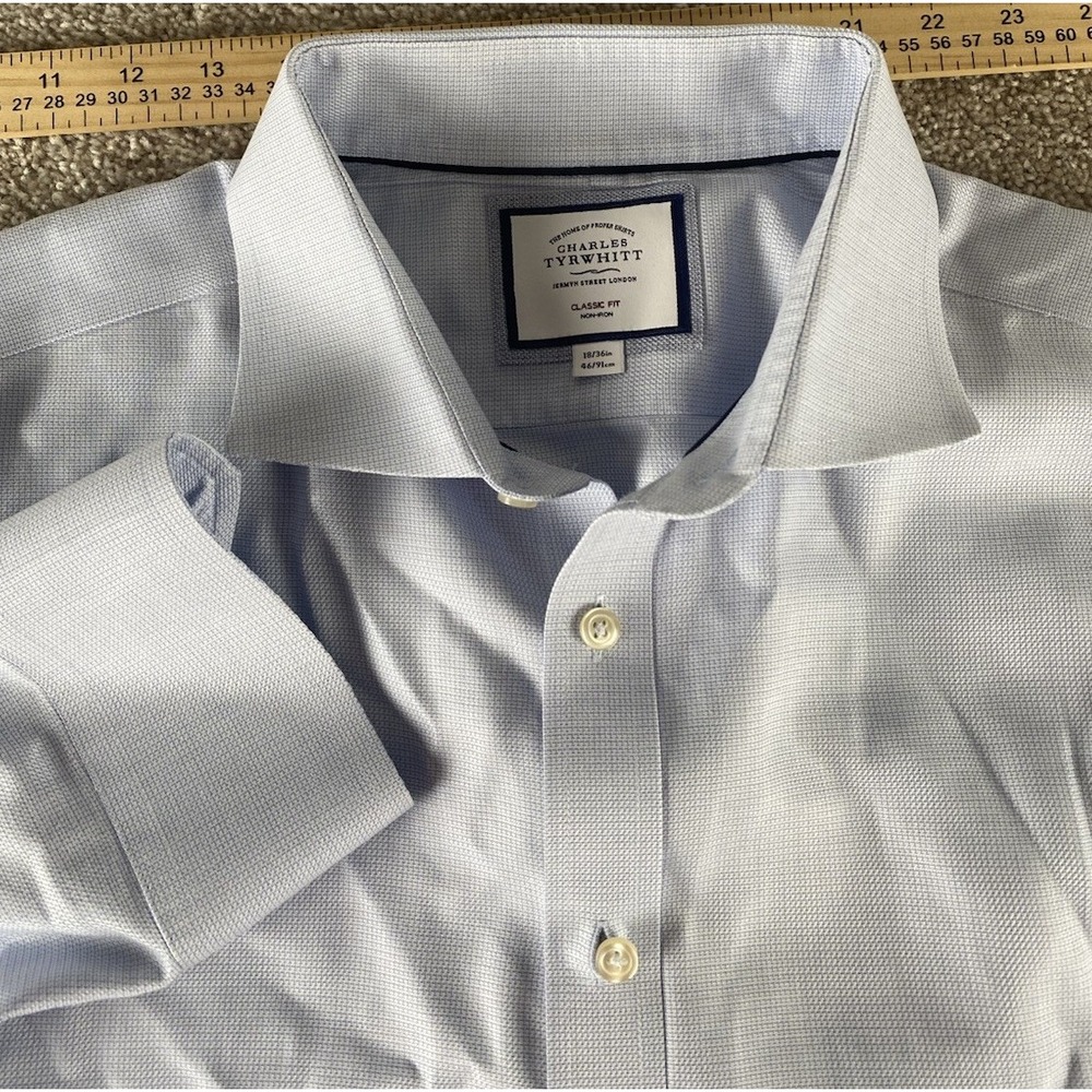 Charles Tyrwhitt Classic Fit Non Iron 18/36 Shirt Mens 2XL Blue Knit Cotton Prep
